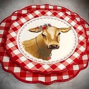 Set of 8 The Pioneer Woman Farmhouse Style Cow and Red Gingham Rim Plates